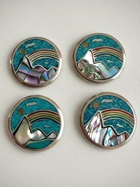 4 Vintage TAXCO hecho en Mexico friendship pendants rainbows mountains sun inlay
